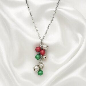 Silver Holiday Cluster Necklace, Red & Green Jingle Bell Pendant Christmas Jewel